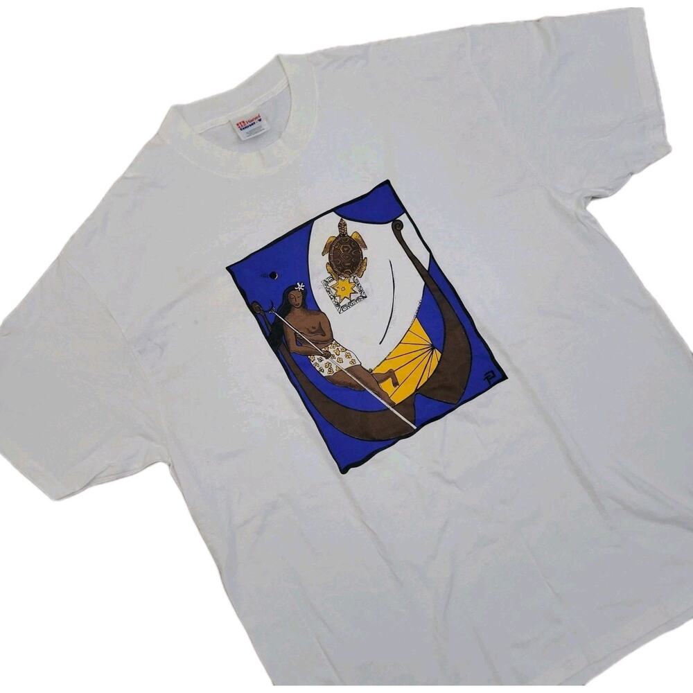Vintage Hanes T Shirt Handmade Fabric Print Hawaiian Figure Sea Turtle XL